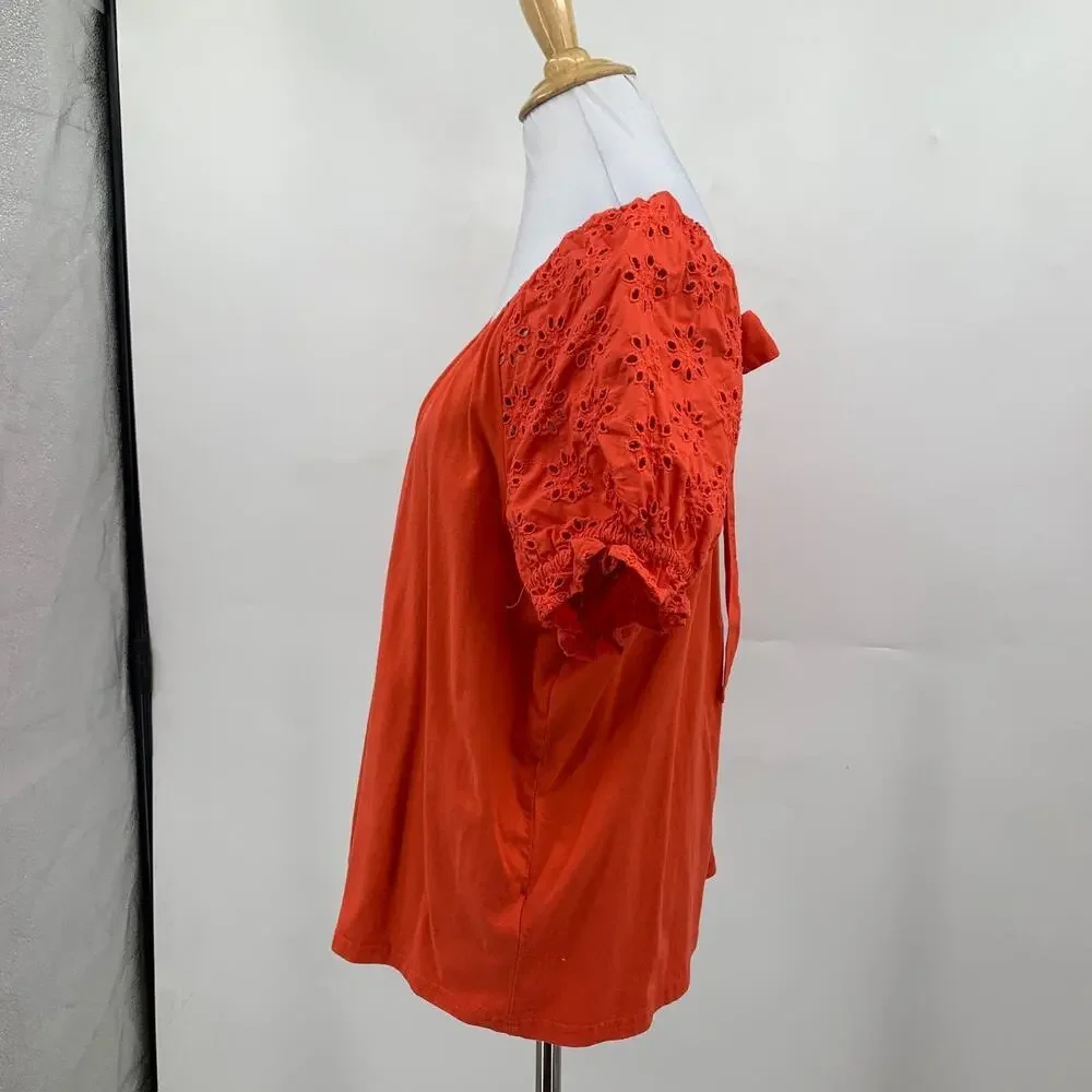 J Crew Top Womens L Large Pimento Cotton Eyelet Puff Sleeve Bow Tie Cutout Back